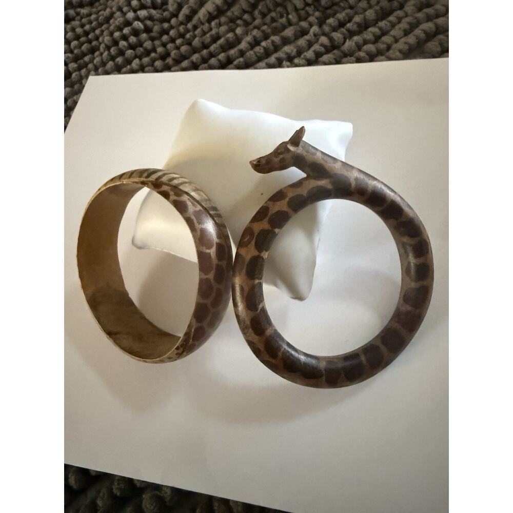 VTG Wood Giraffes Wooden Bangle Bracelets Africa Hand Carved Artisan Made Boho